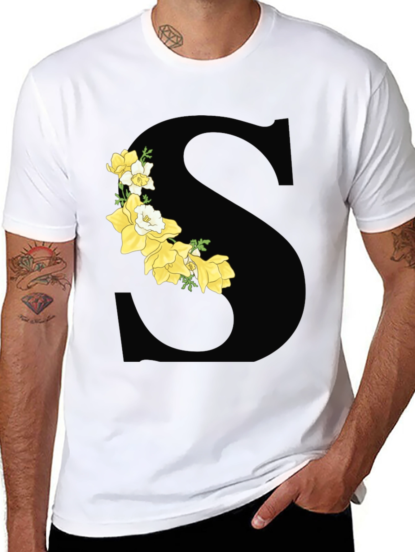 Floral Letter S Black Graphic Tee