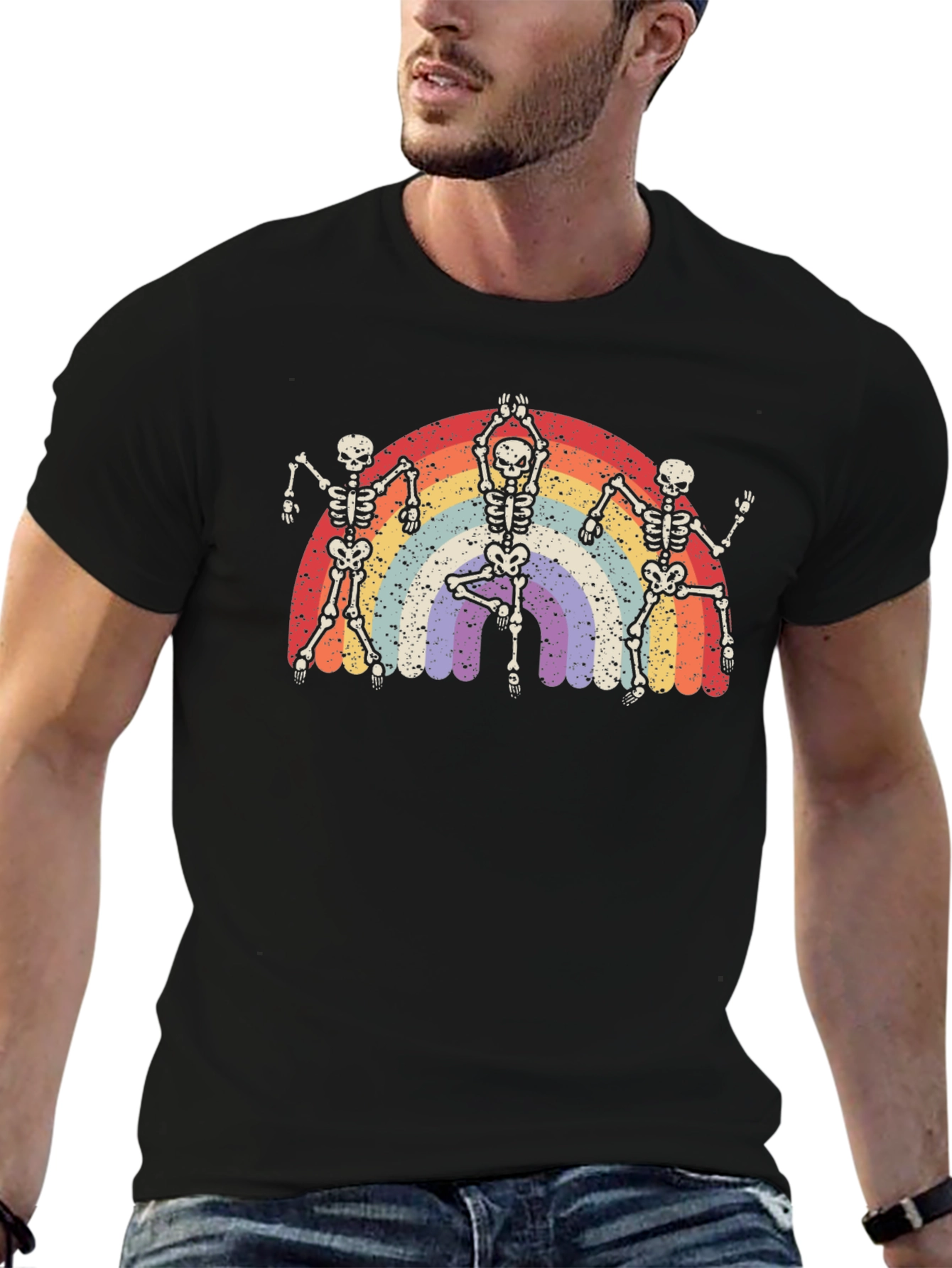 Dancing Skeleton Rainbow Graphic Tee - Black