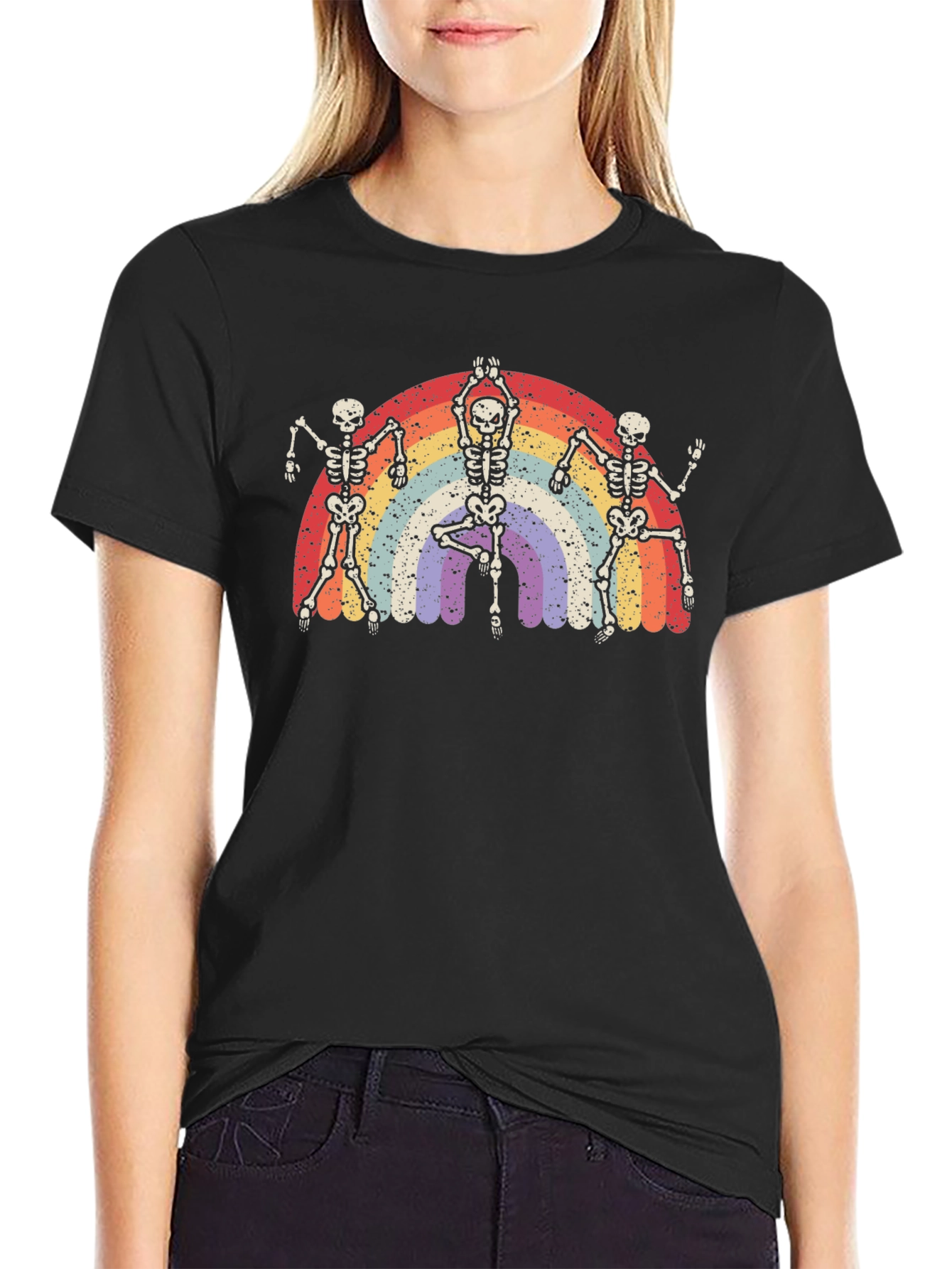 Dancing Skeleton Rainbow Graphic Tee - Black