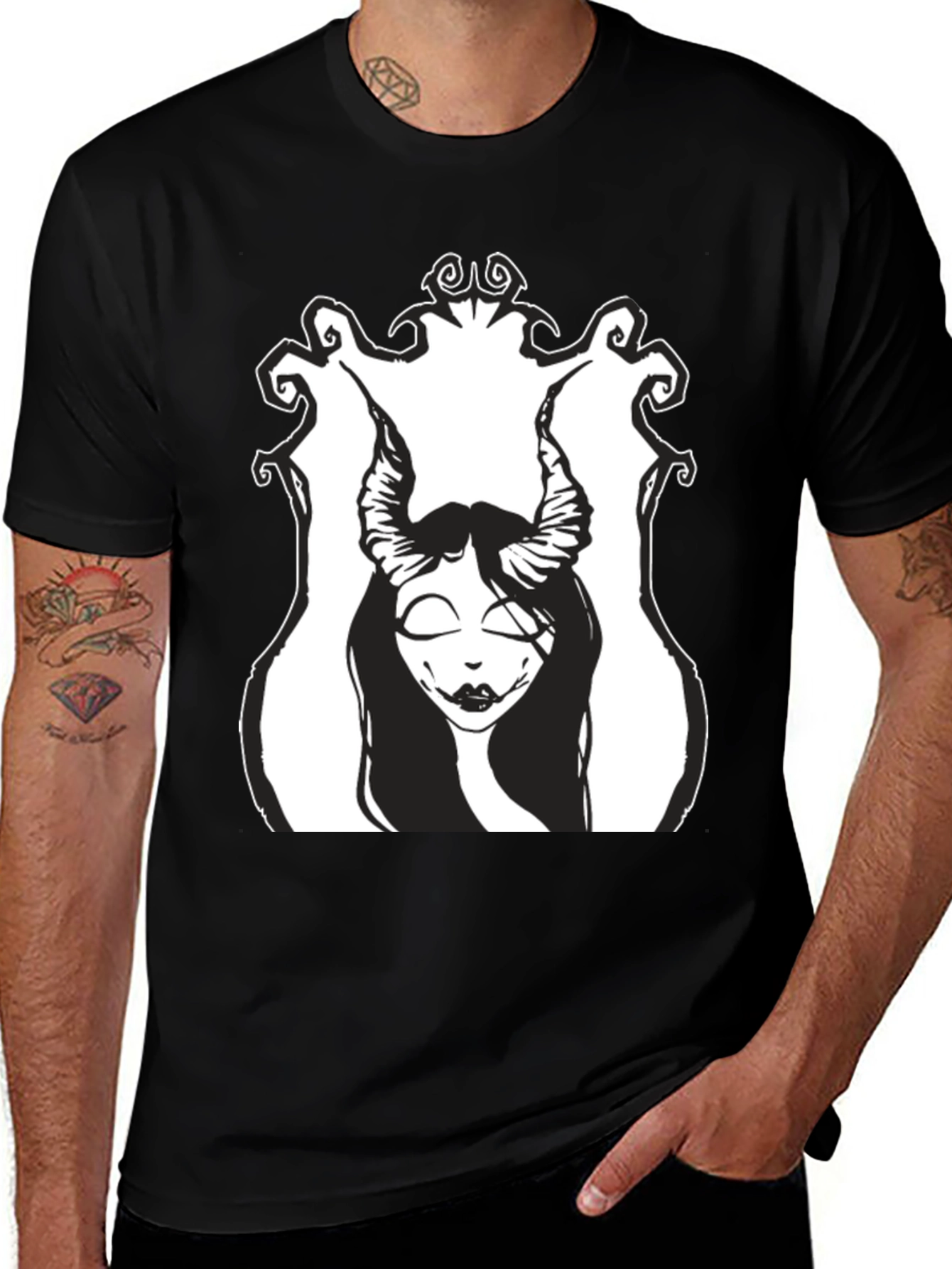 Black T-Shirt with Devilish Woman Graphic