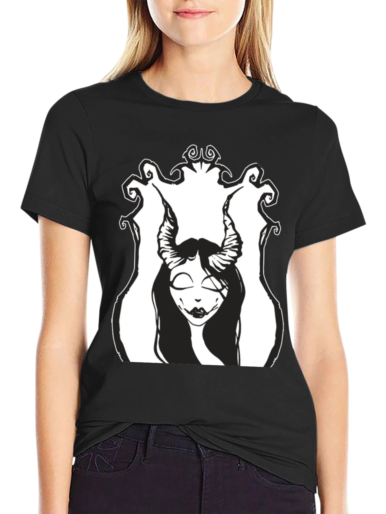 Black T-Shirt with Devilish Woman Graphic