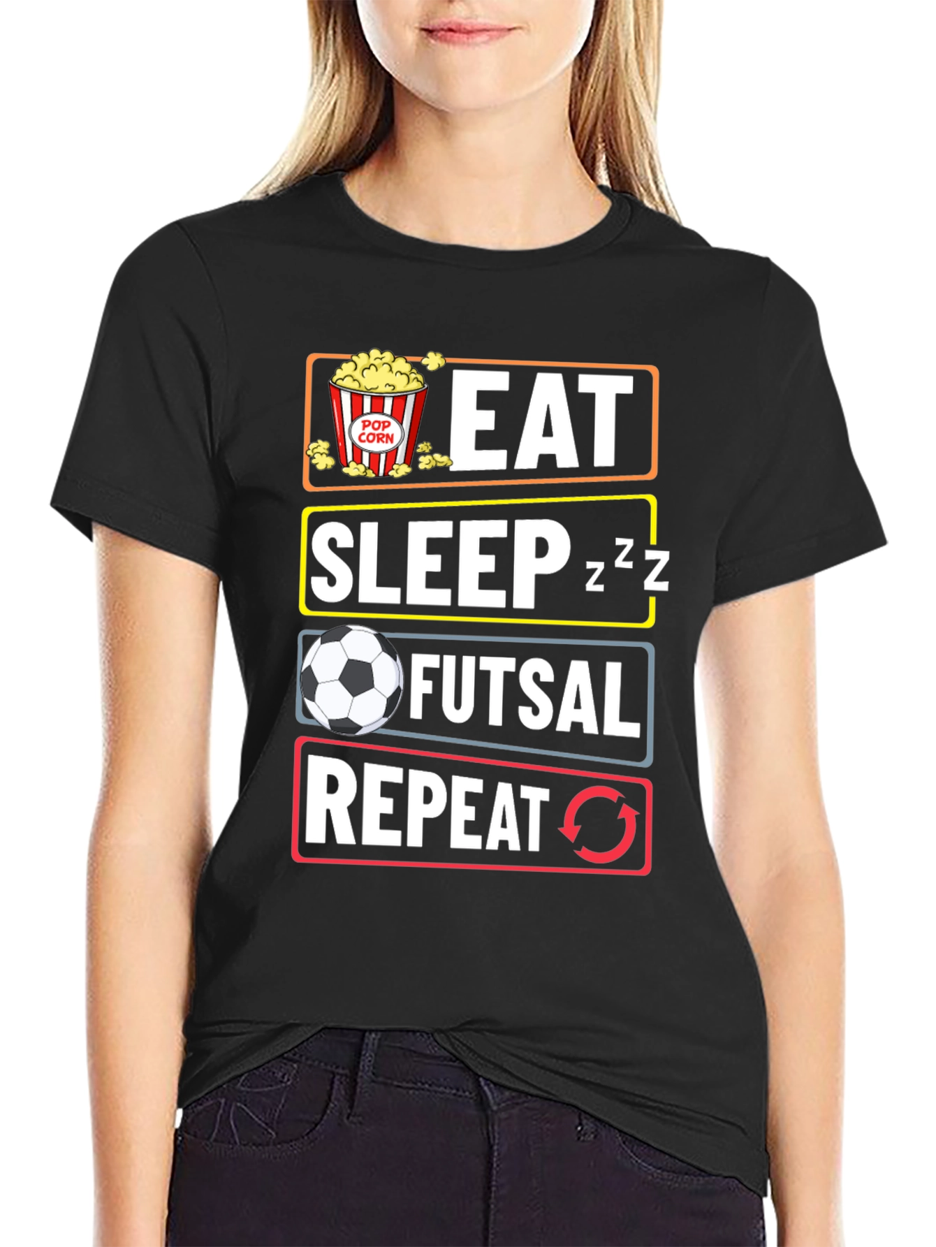 Eat Sleep Futsal Repeat Black Graphic Tee