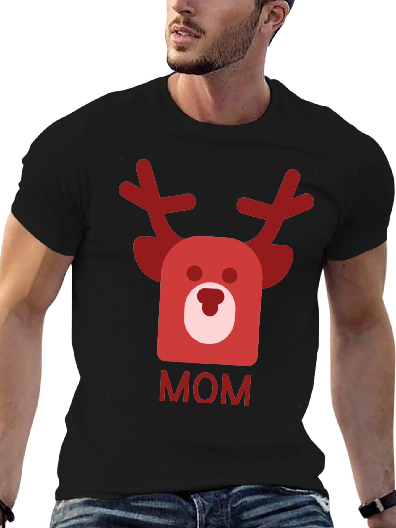 Festive Mom Reindeer Graphic Tee - Black