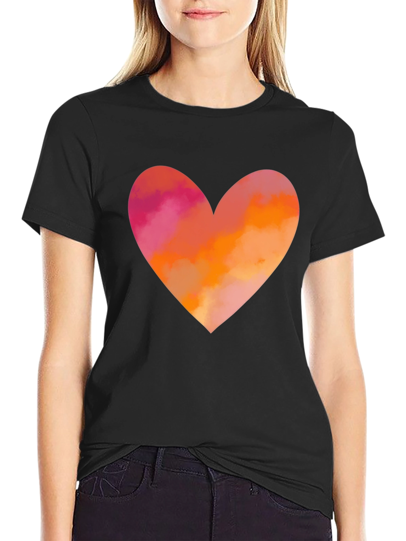 Heart Graphic T-Shirt - Black Cotton Blend Casual Tee