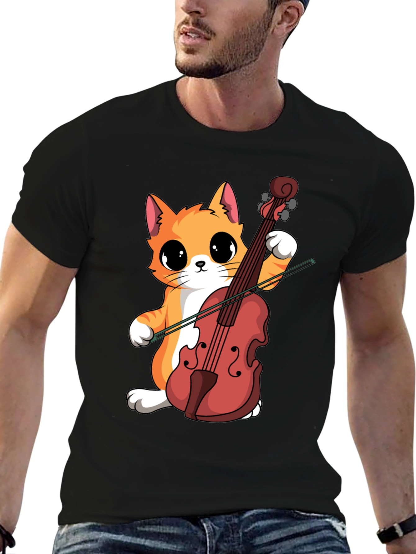 Cat Playing Cello Black T-Shirt
