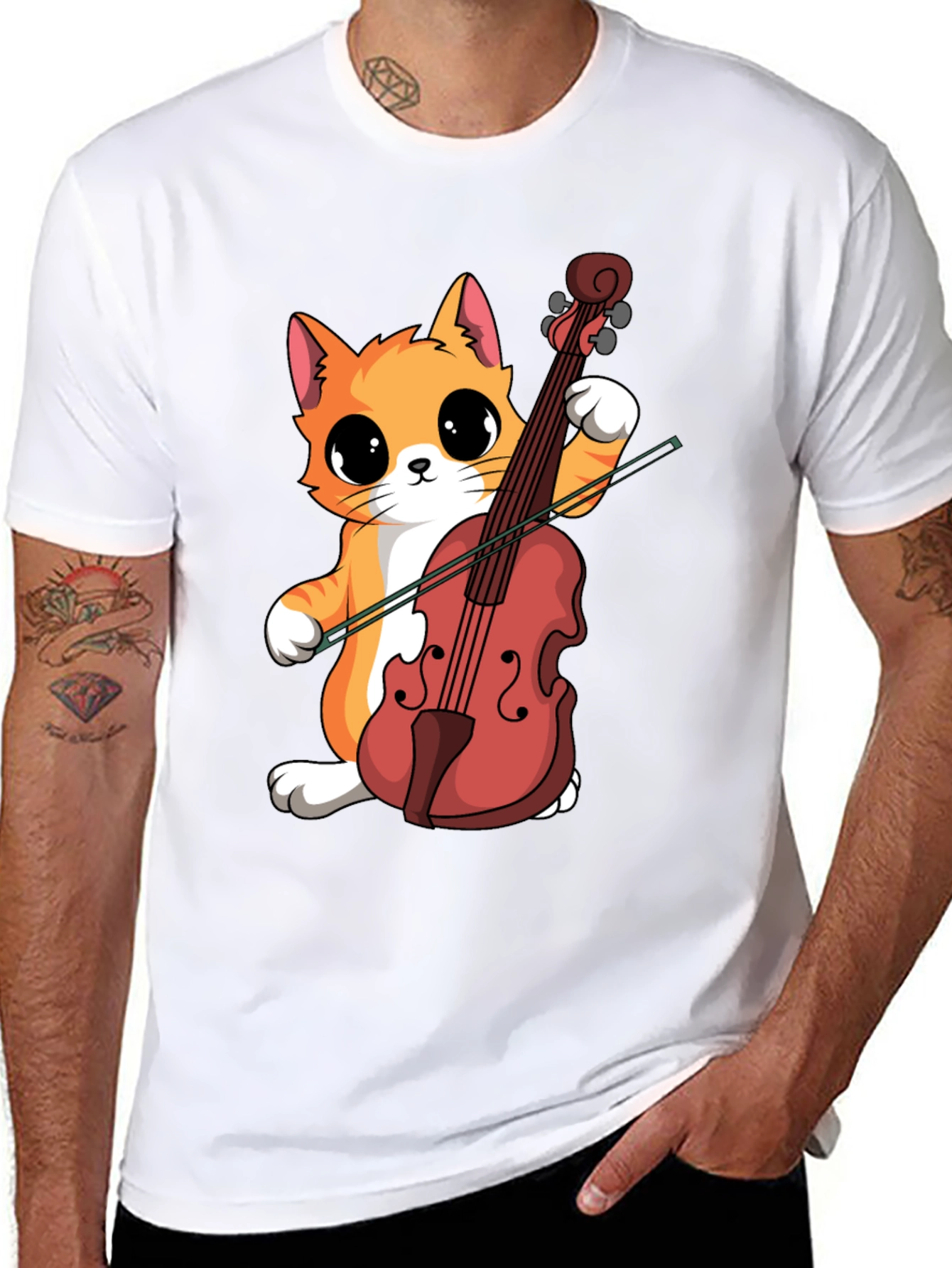 Cat Playing Cello Black T-Shirt