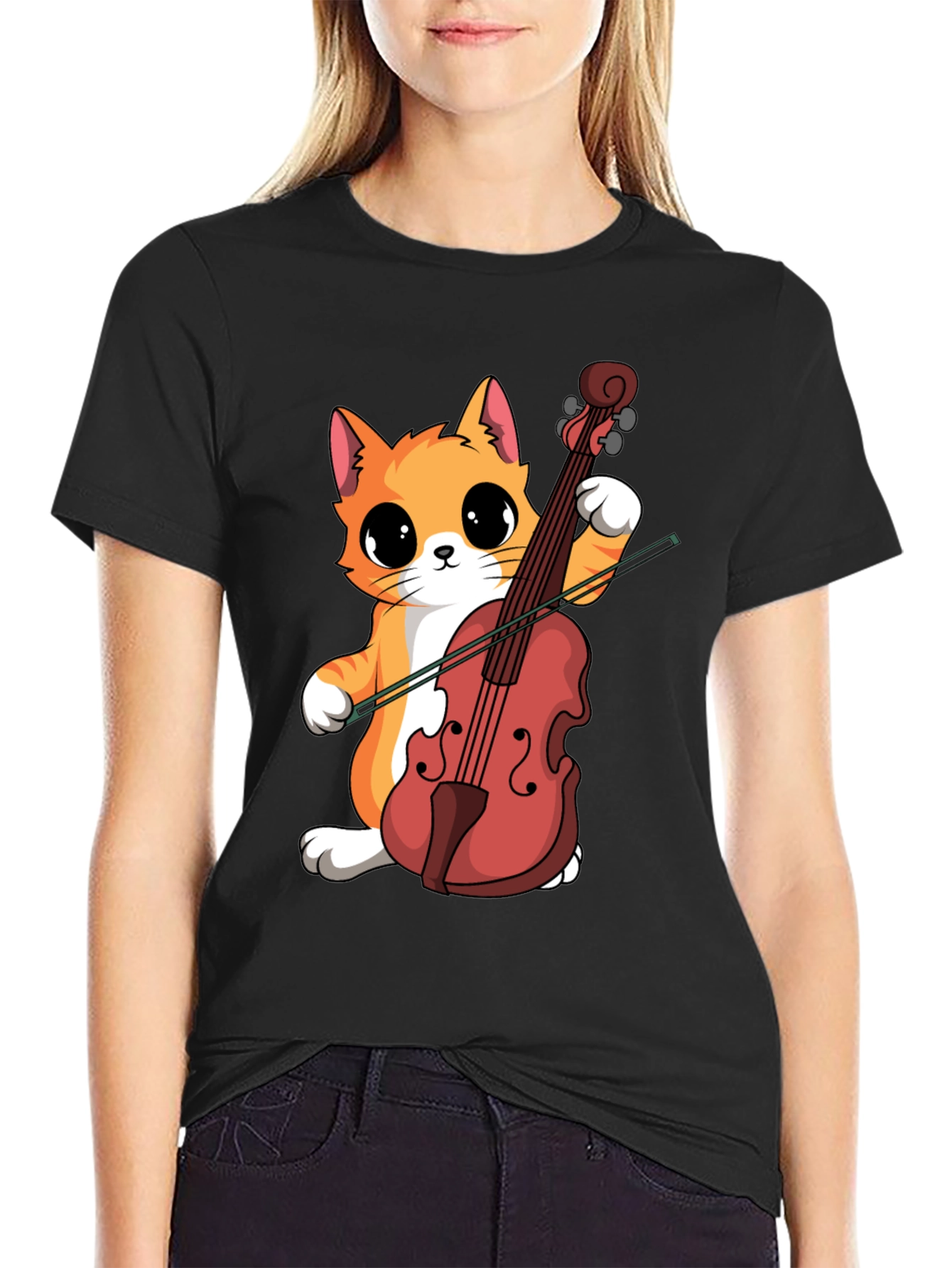 Cat Playing Cello Black T-Shirt