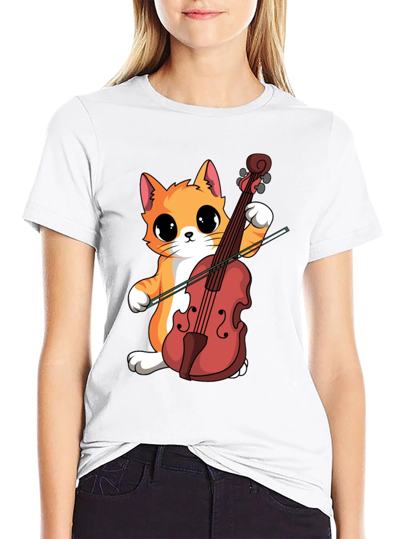 Cat Playing Cello Black T-Shirt
