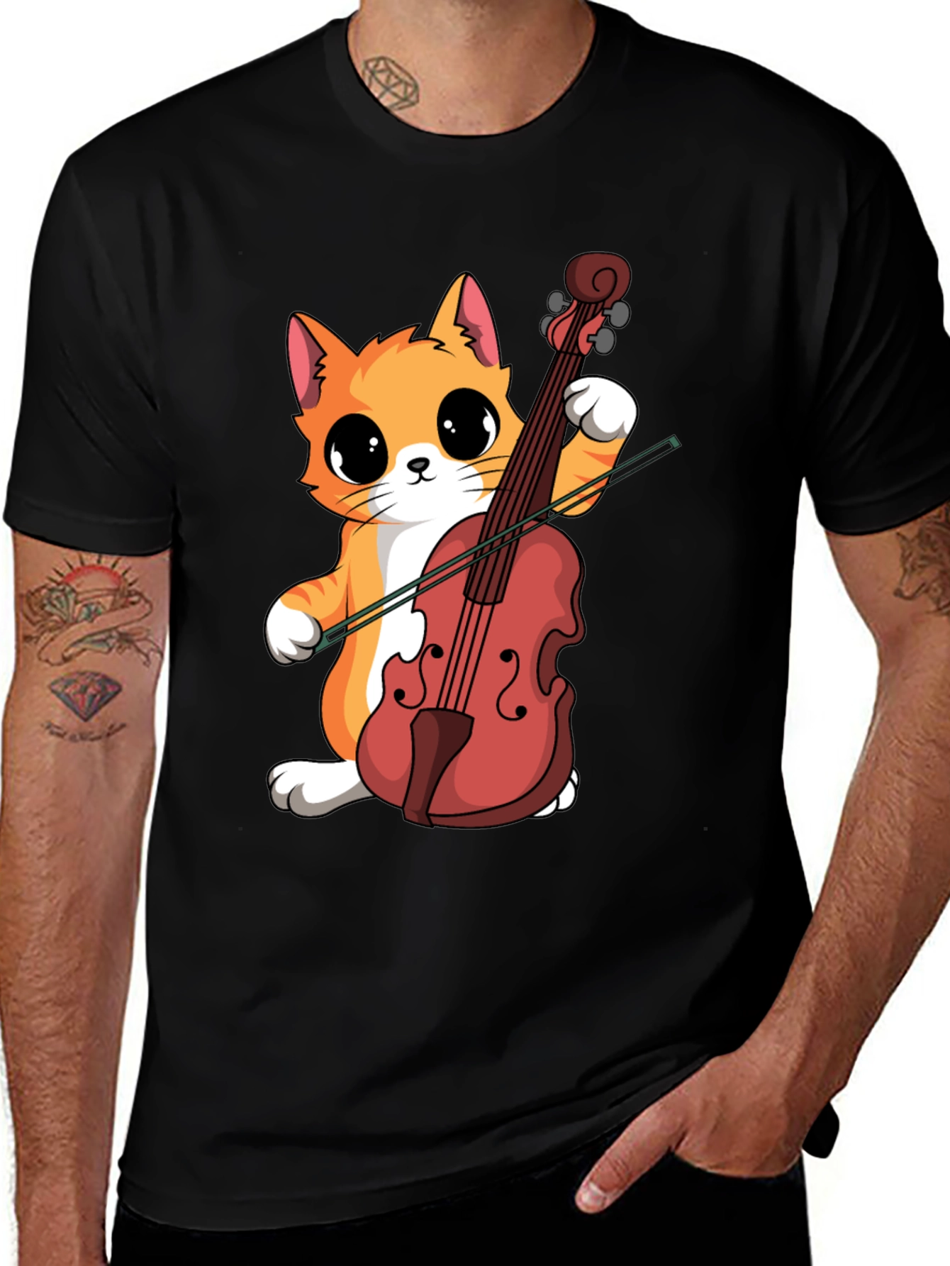 Cat Playing Cello Black T-Shirt