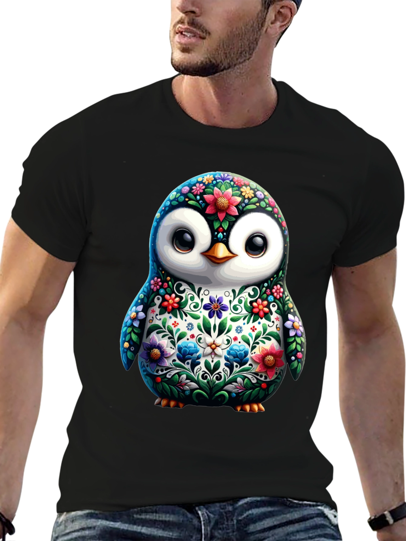 Floral Penguin Graphic Tee - Black Cotton T-Shirt