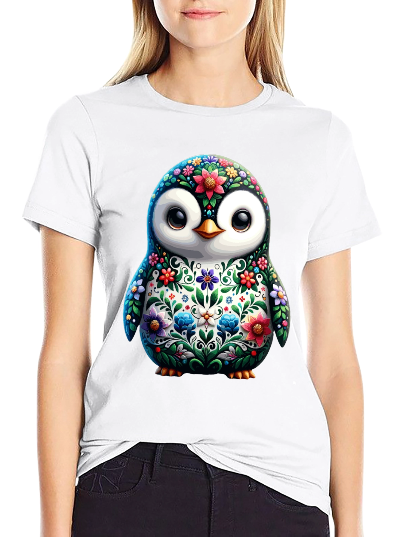 Floral Penguin Graphic Tee - Black Cotton T-Shirt