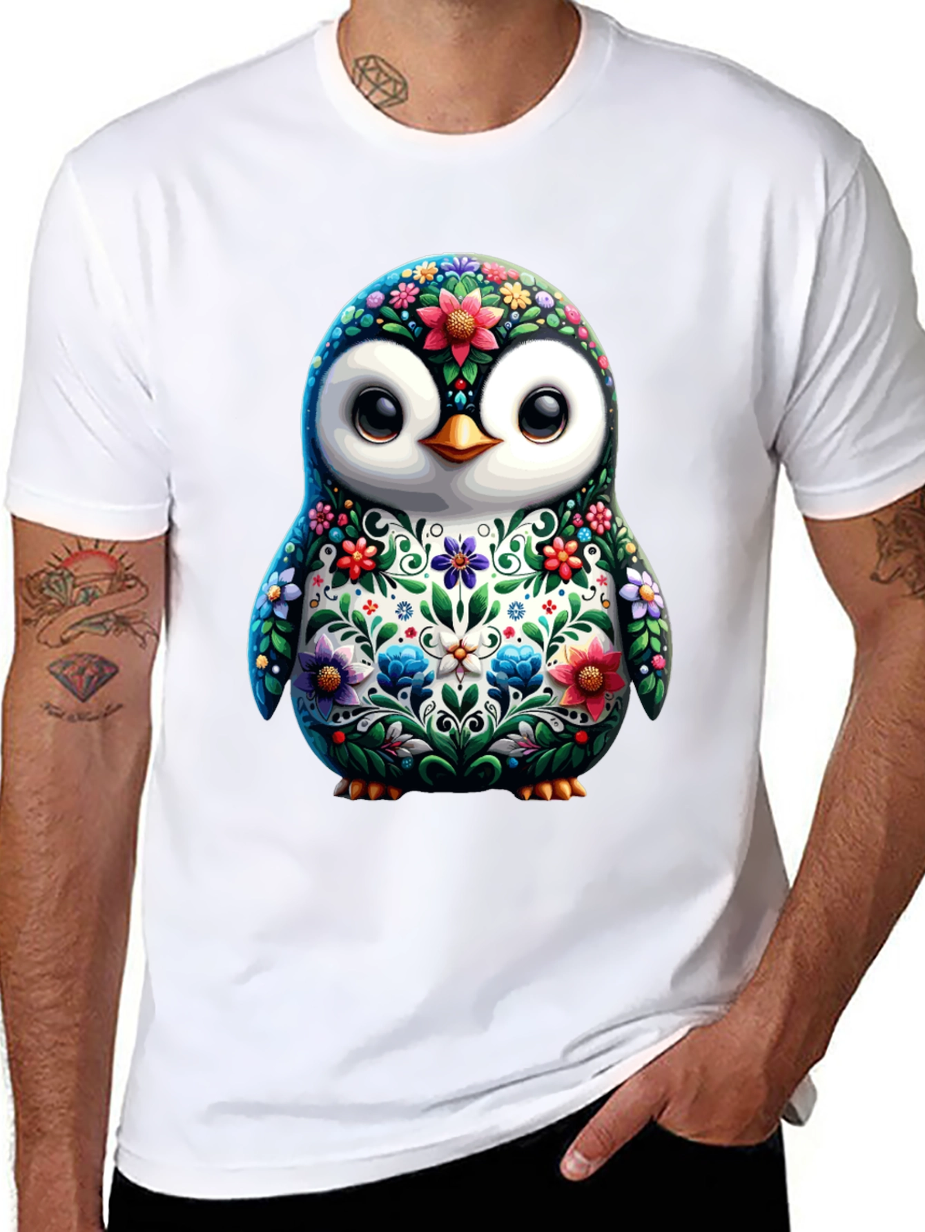 Floral Penguin Graphic Tee - Black Cotton T-Shirt