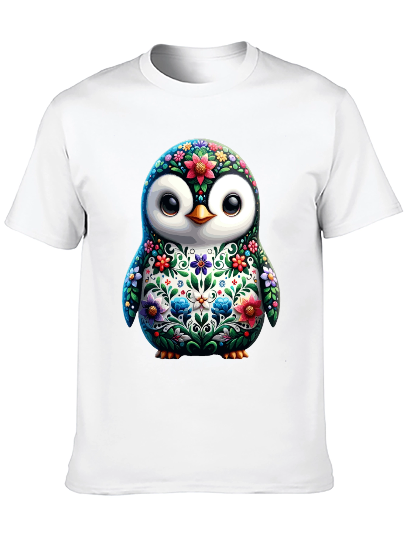 Floral Penguin Graphic Tee - Black Cotton T-Shirt