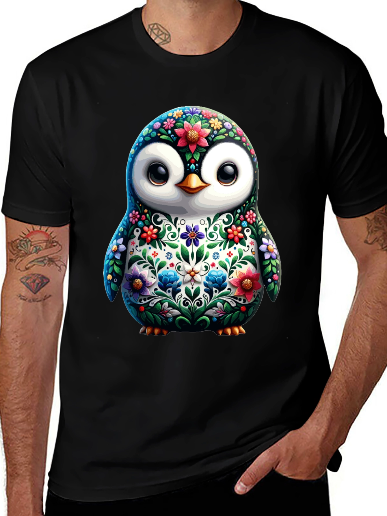 Floral Penguin Graphic Tee - Black Cotton T-Shirt