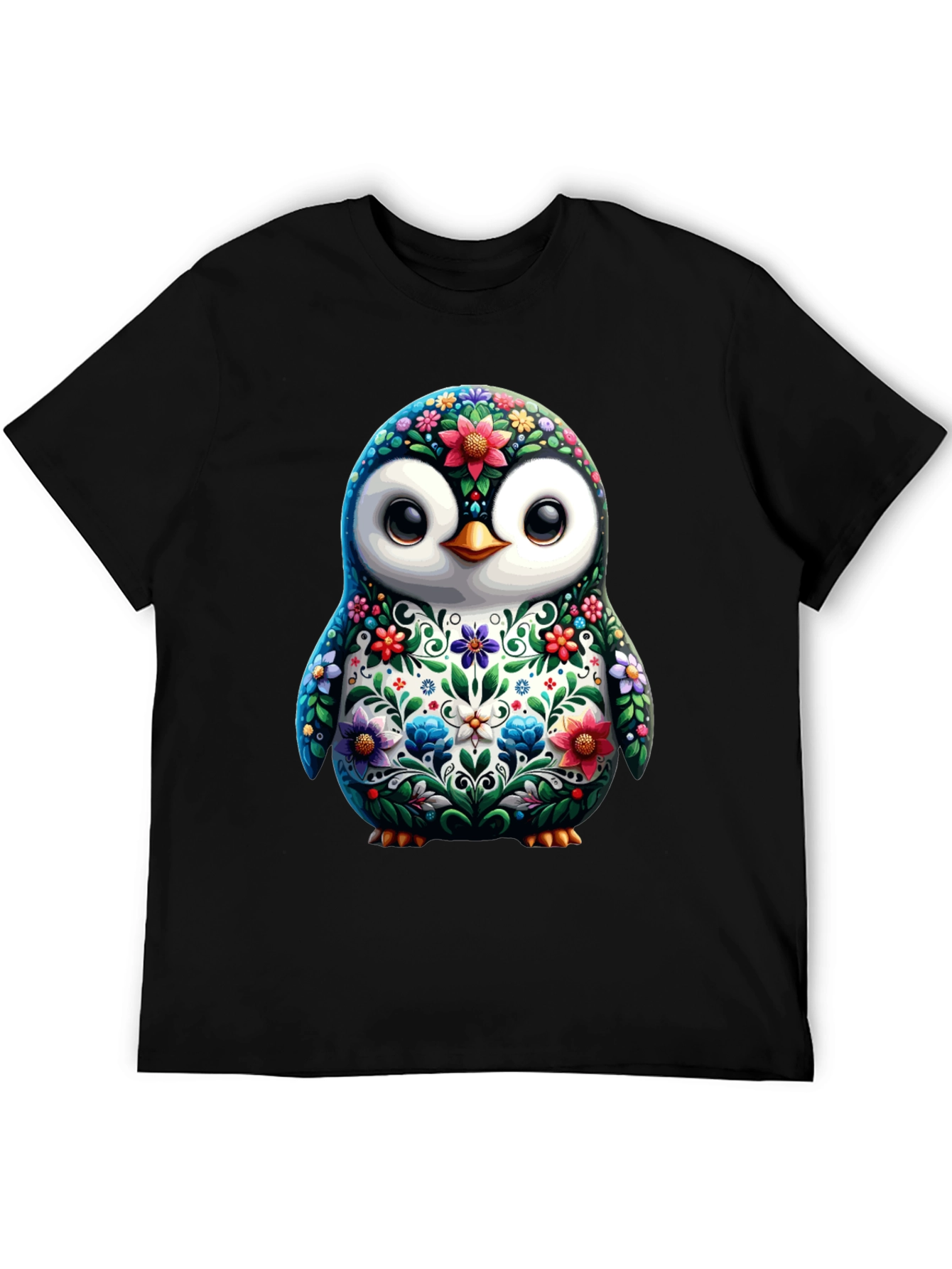 Floral Penguin Graphic Tee - Black Cotton T-Shirt