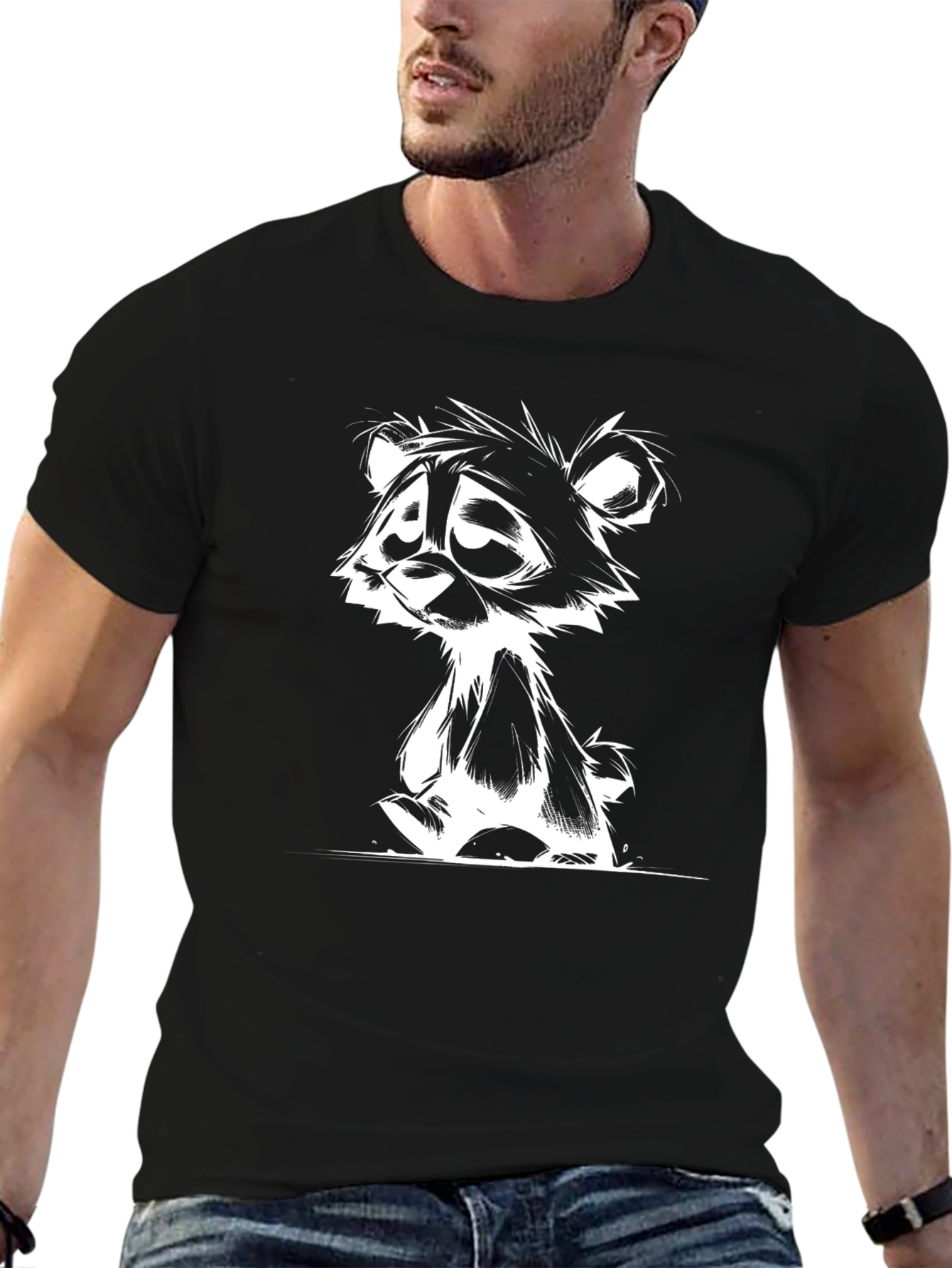 Cartoon Bear Graphic Tee - Black