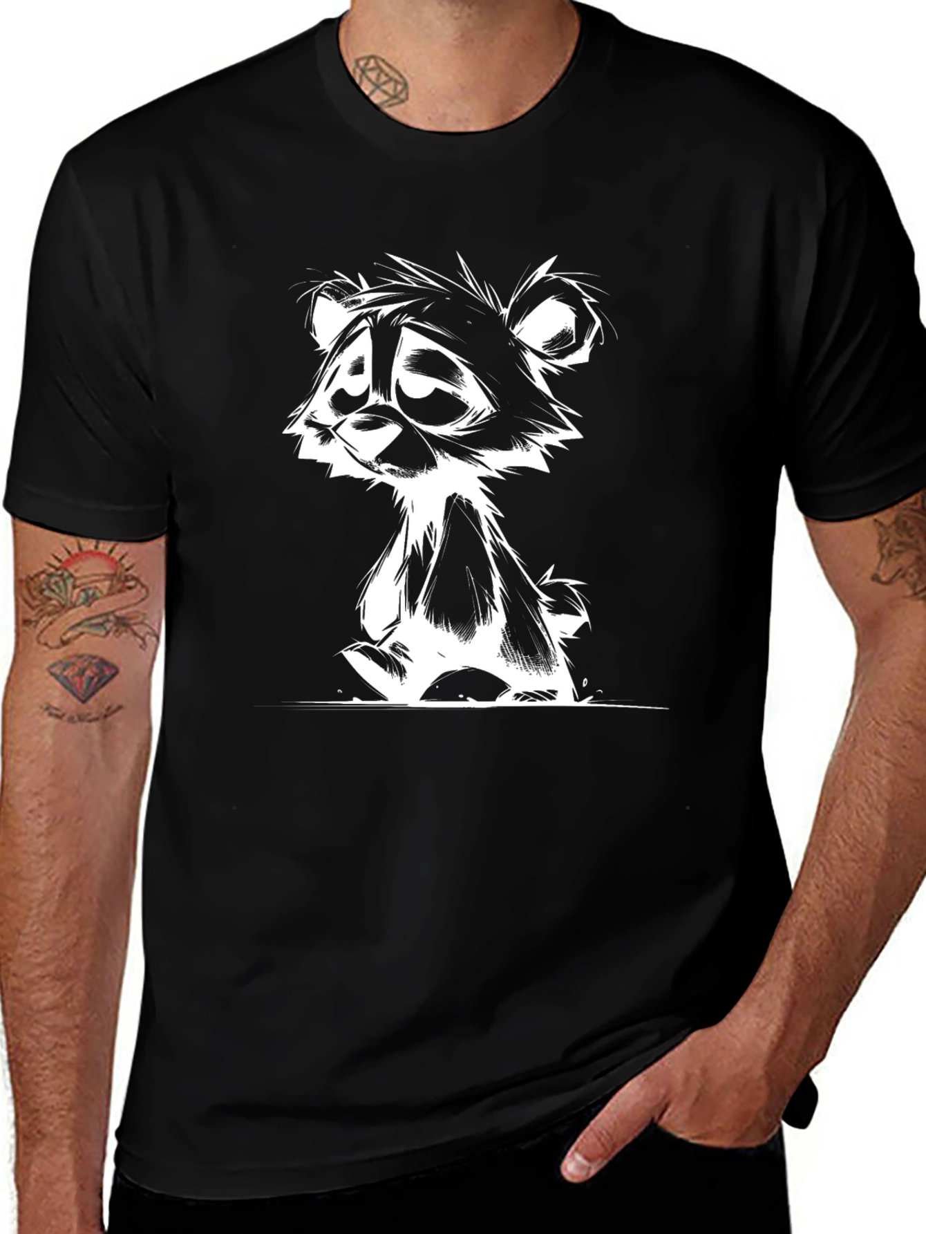 Cartoon Bear Graphic Tee - Black
