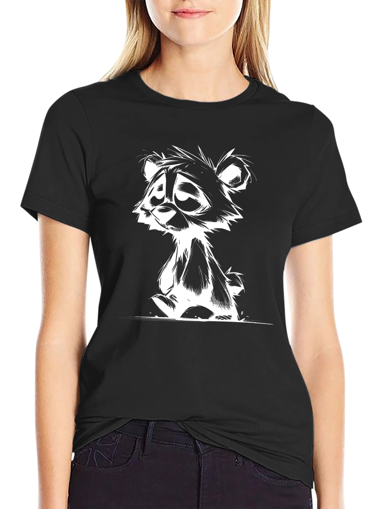Cartoon Bear Graphic Tee - Black