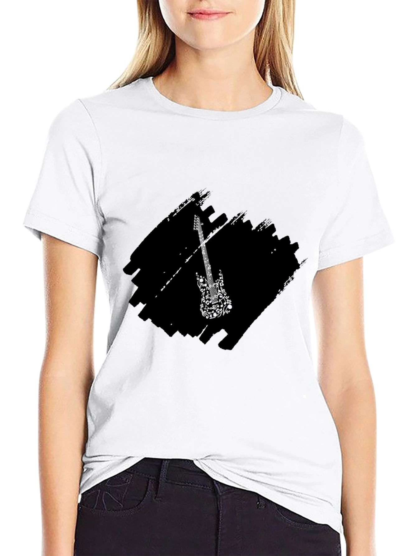 Black Graphic Tee with Guitar Design