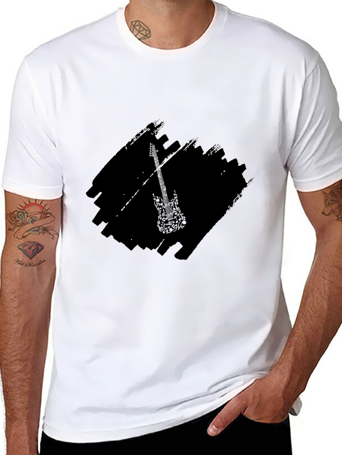 Black Graphic Tee with Guitar Design
