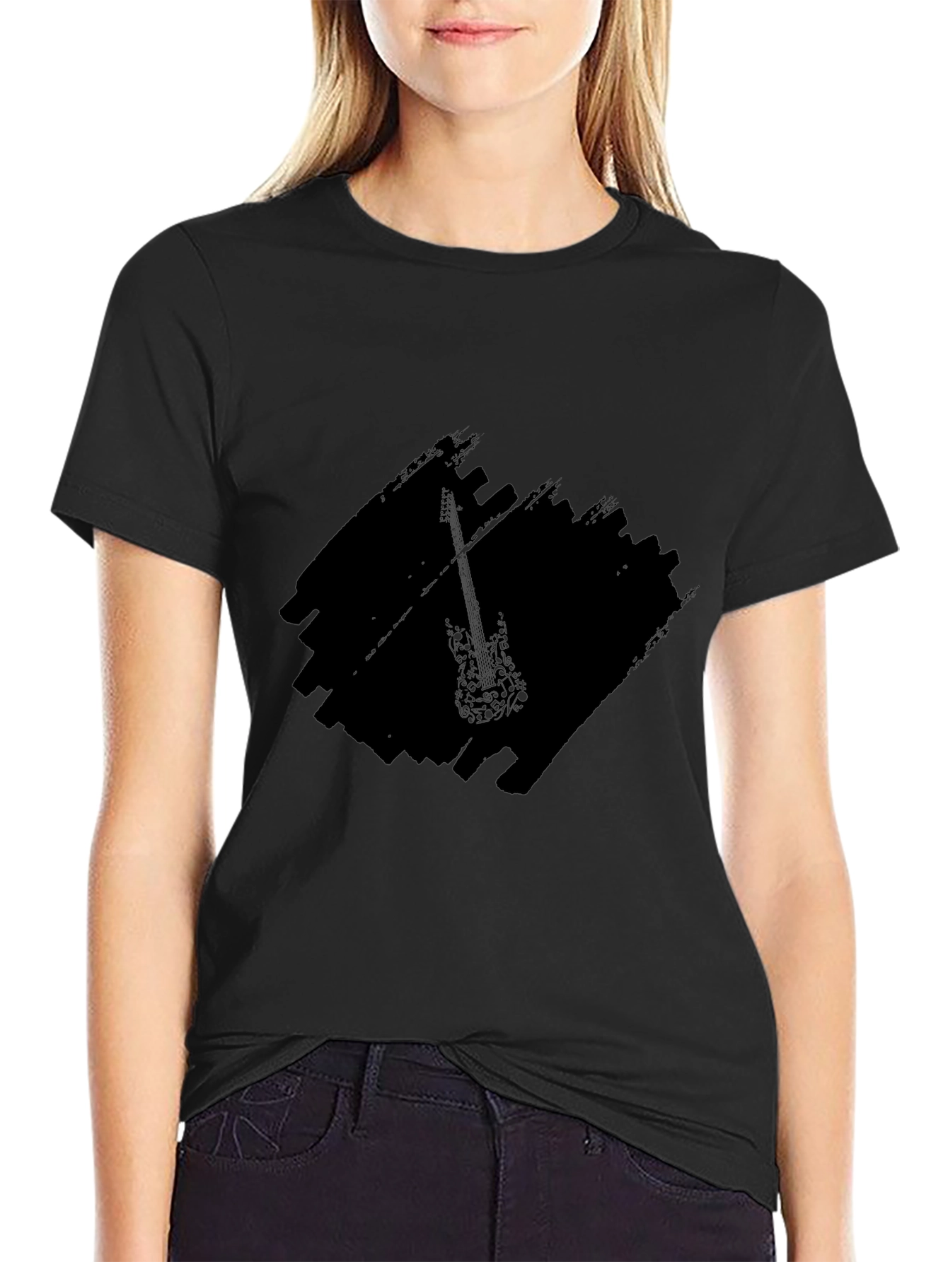 Black Graphic Tee with Guitar Design