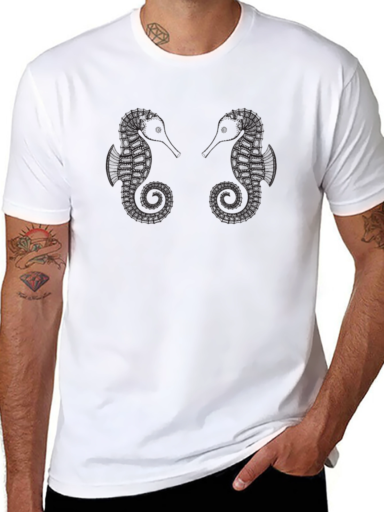 Seahorse Graphic Tee - Black Cotton Casual Shirt