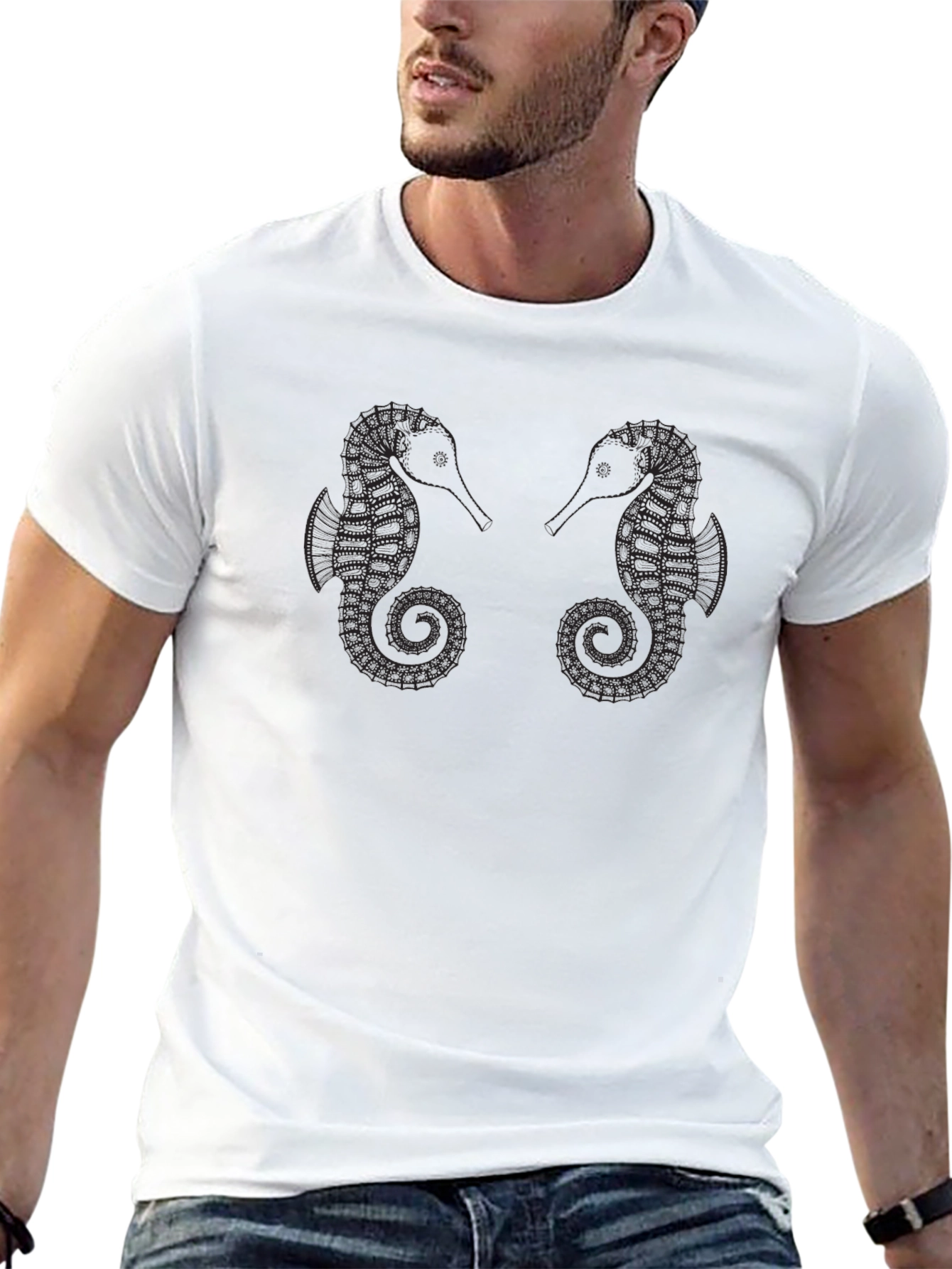 Seahorse Graphic Tee - Black Cotton Casual Shirt