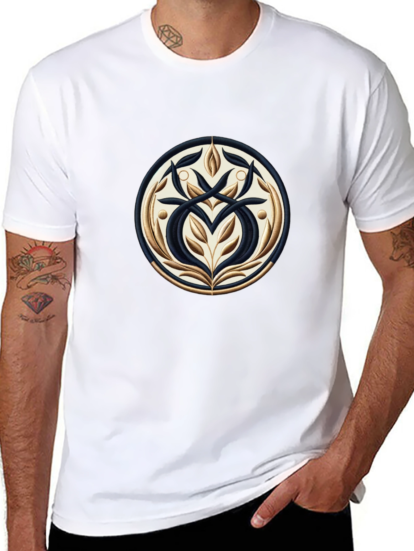Elegant Black T-Shirt with Ornamental Circle Design