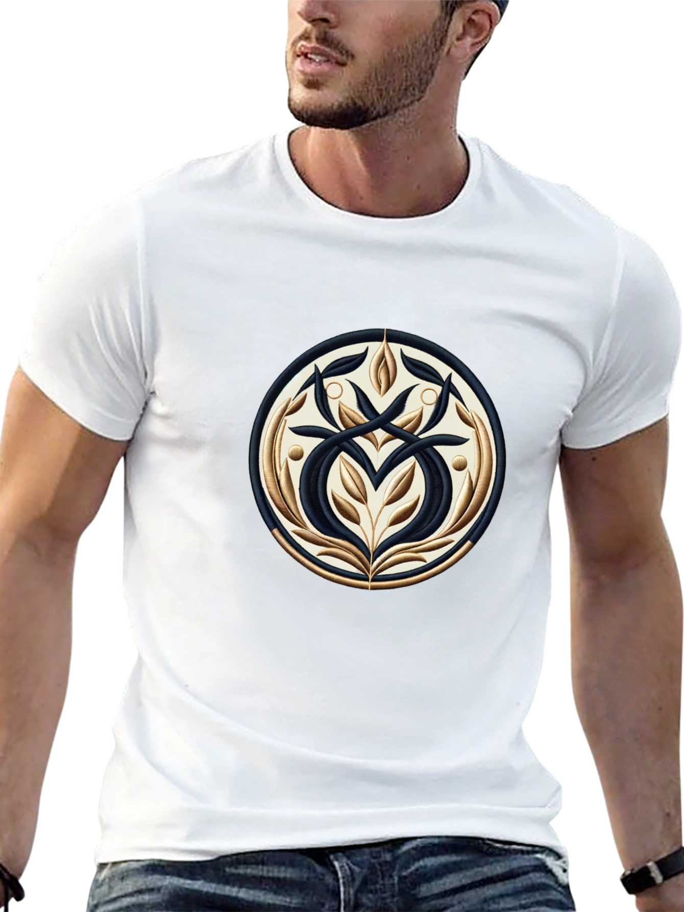 Elegant Black T-Shirt with Ornamental Circle Design