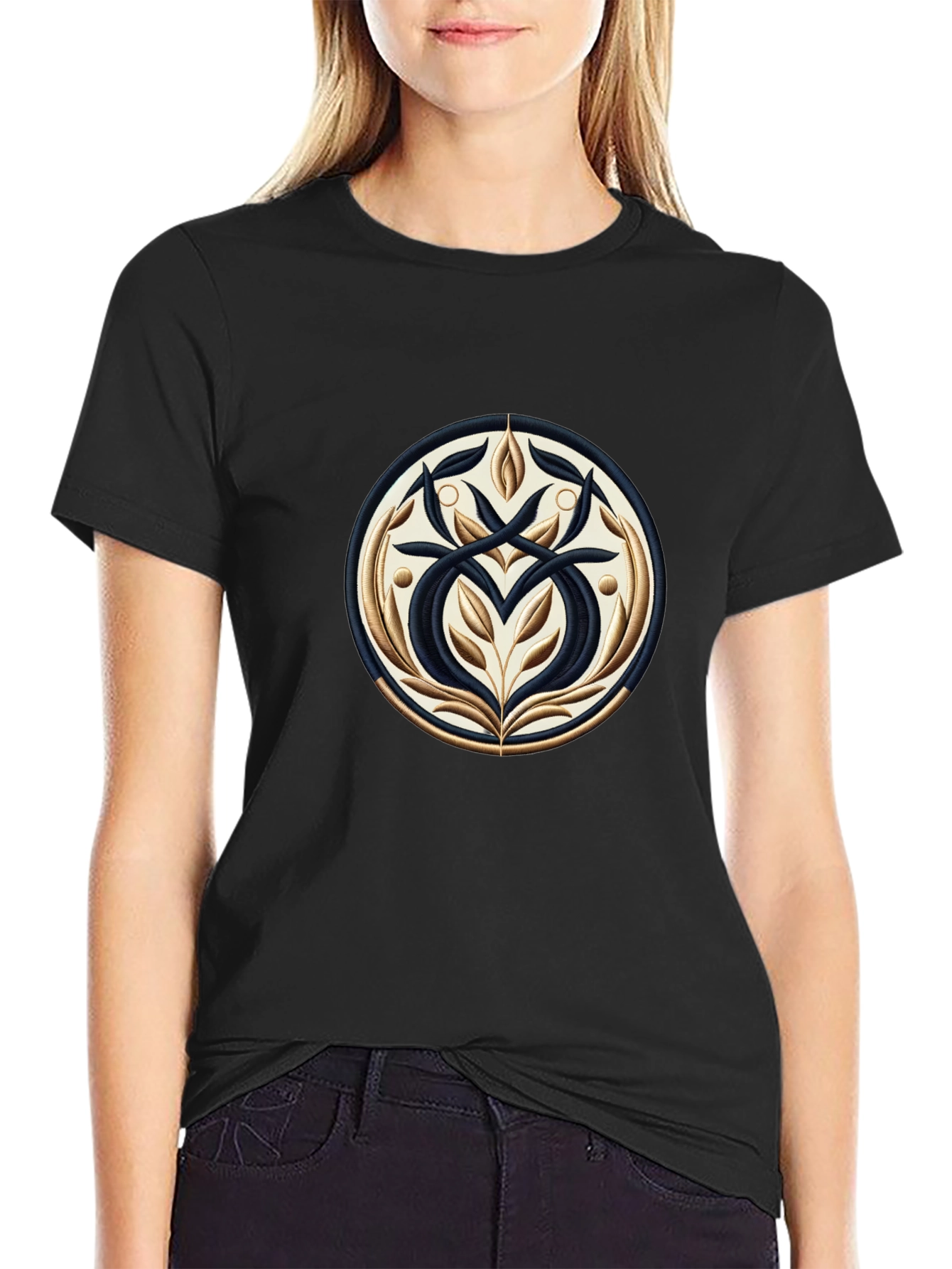 Elegant Black T-Shirt with Ornamental Circle Design