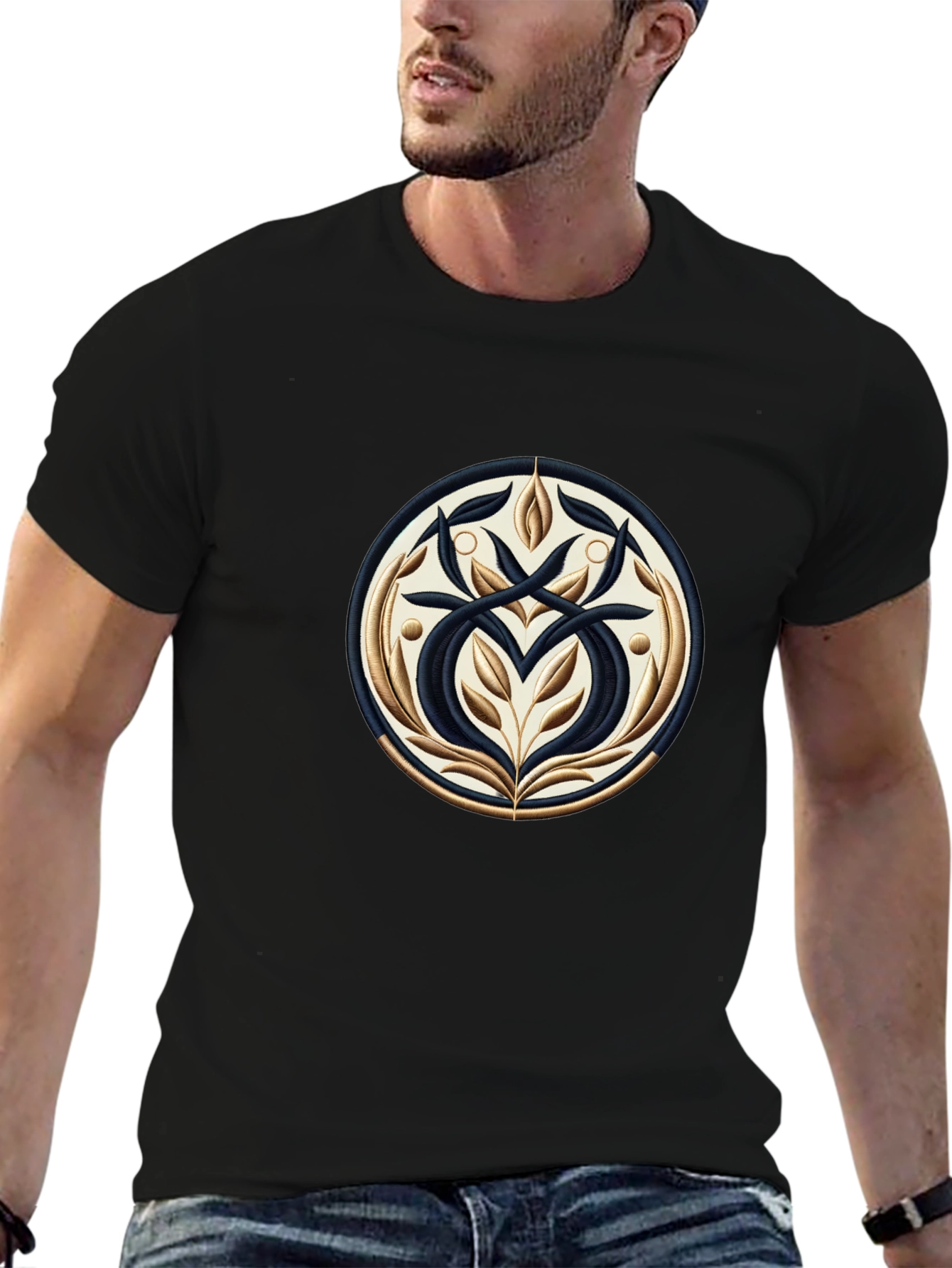 Elegant Black T-Shirt with Ornamental Circle Design
