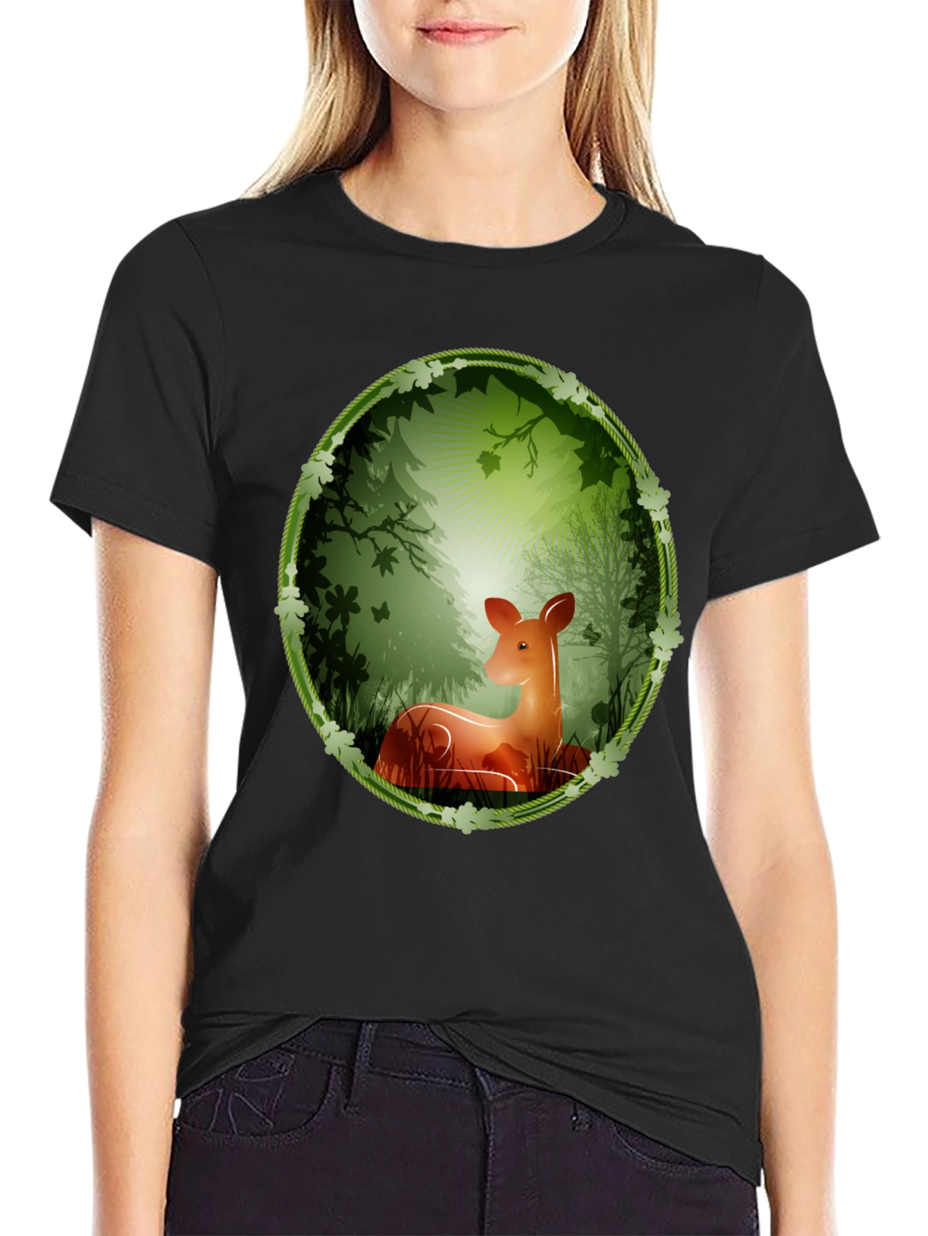 Nature Deer Graphic T-Shirt - Black