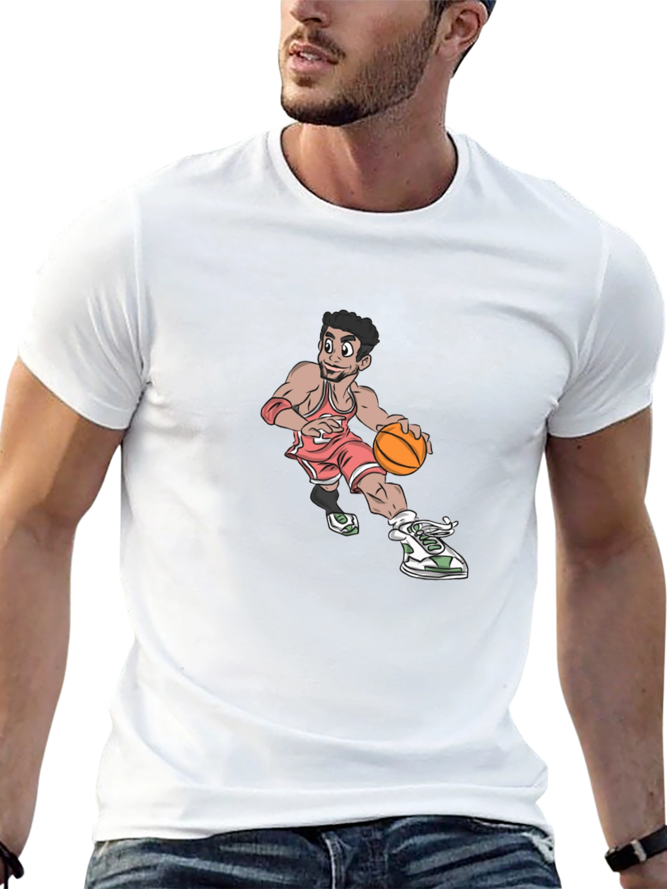 Cartoon Basketball Player Graphic T-Shirt - Black