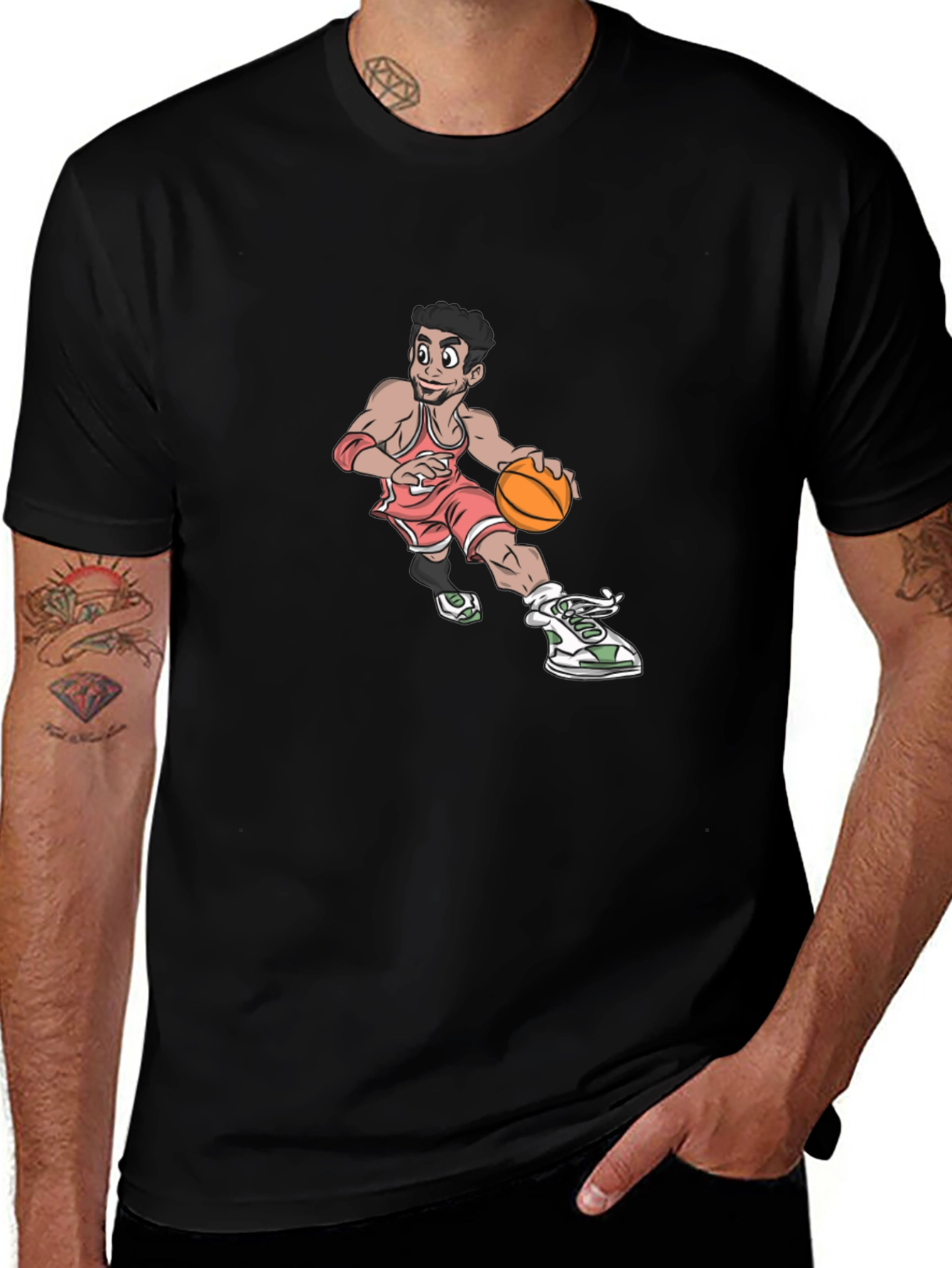 Cartoon Basketball Player Graphic T-Shirt - Black
