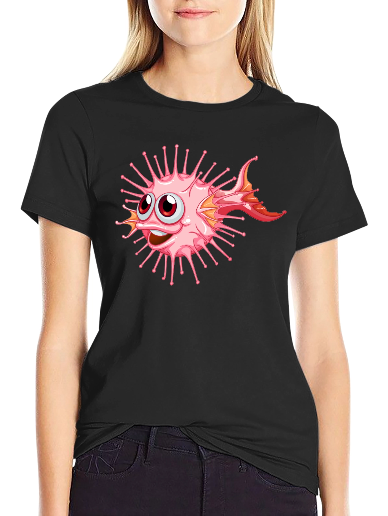 Cartoon Pufferfish Graphic Black T-Shirt