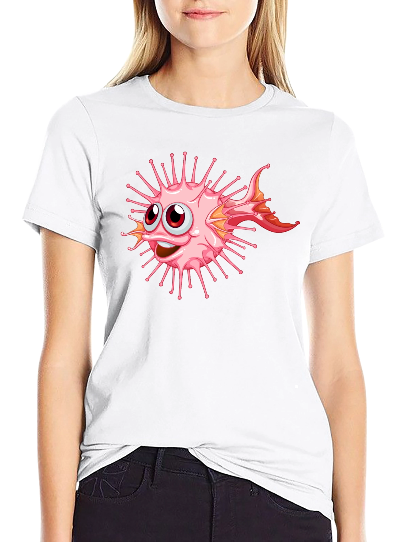 Cartoon Pufferfish Graphic Black T-Shirt