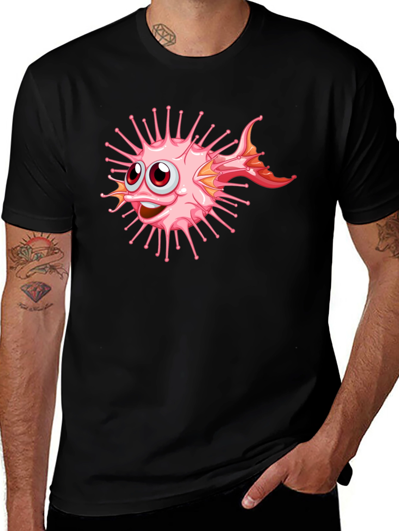 Cartoon Pufferfish Graphic Black T-Shirt