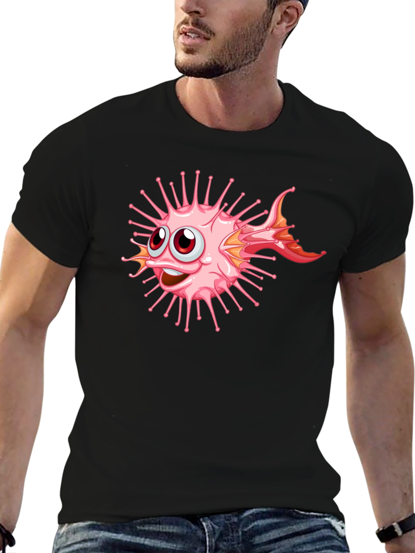 Cartoon Pufferfish Graphic Black T-Shirt
