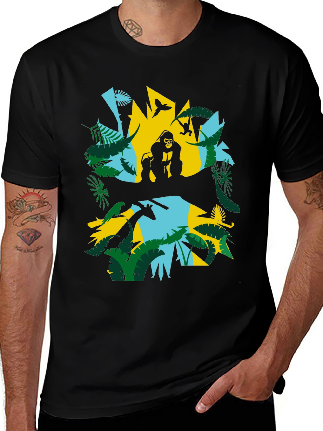 Jungle Animal Graphic Print Black T-Shirt