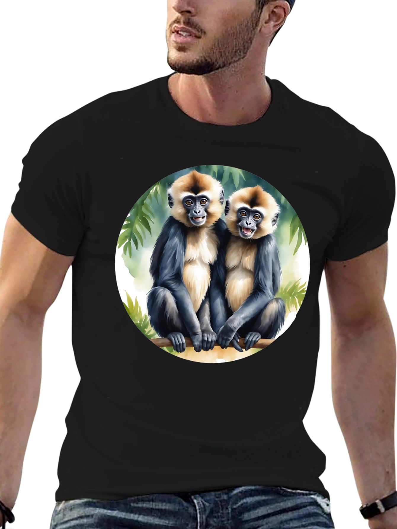 Monkey Duo Graphic Tee - Black Cotton T-Shirt