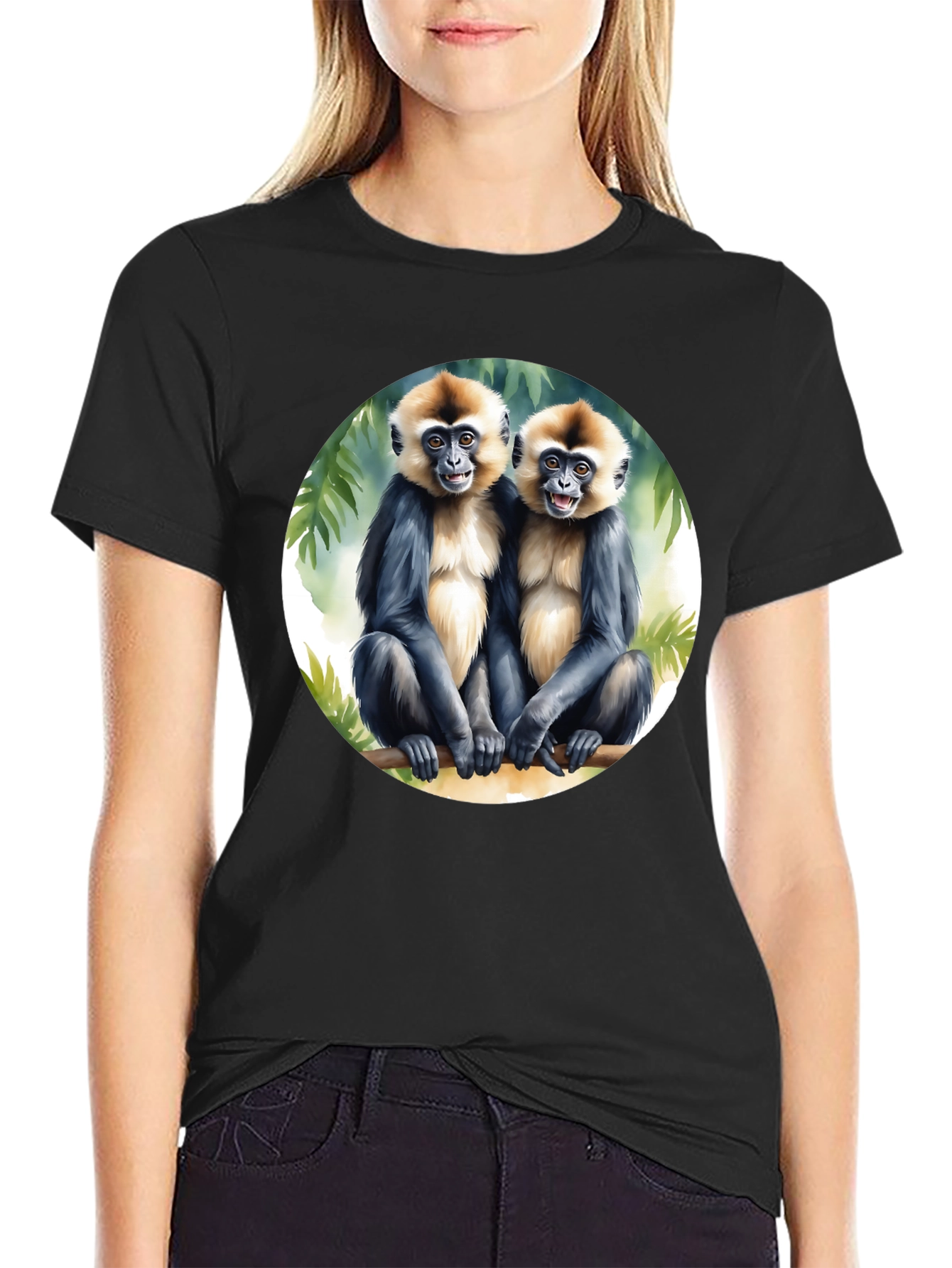 Monkey Duo Graphic Tee - Black Cotton T-Shirt