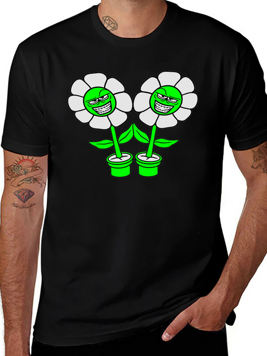Grinning Flower Graphic Tee - Black Cotton T-Shirt