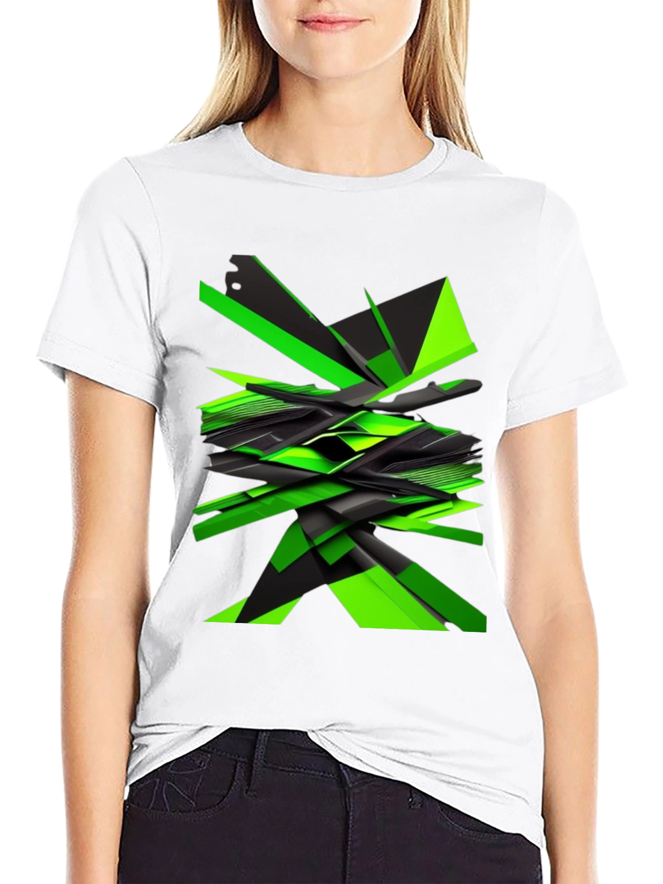 Abstract Geometric Green Graphic Print Mens Black T-Shirt