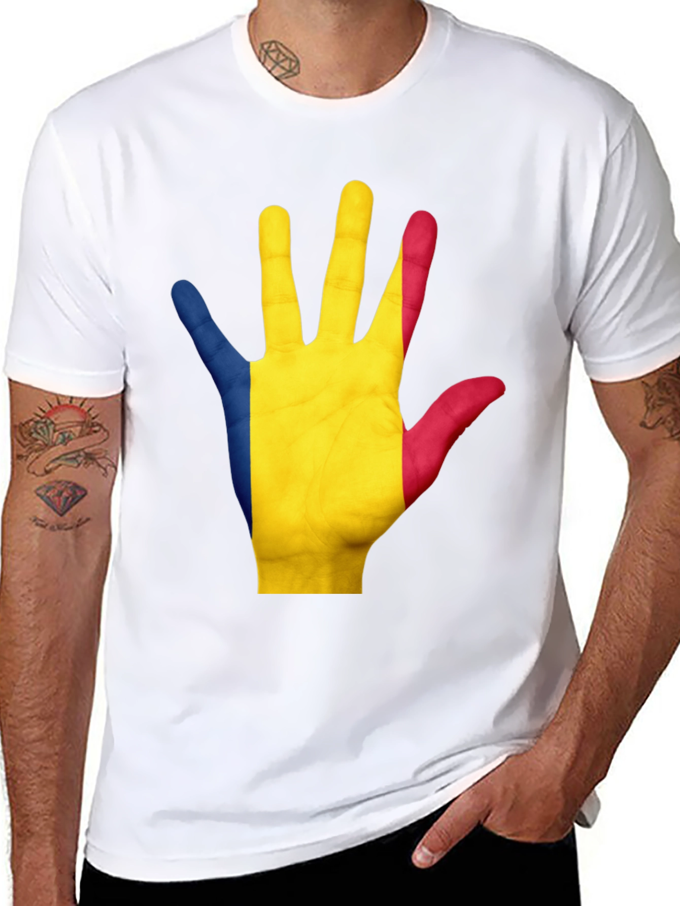 Romania Flag Hand Graphic Black Tee Shirt