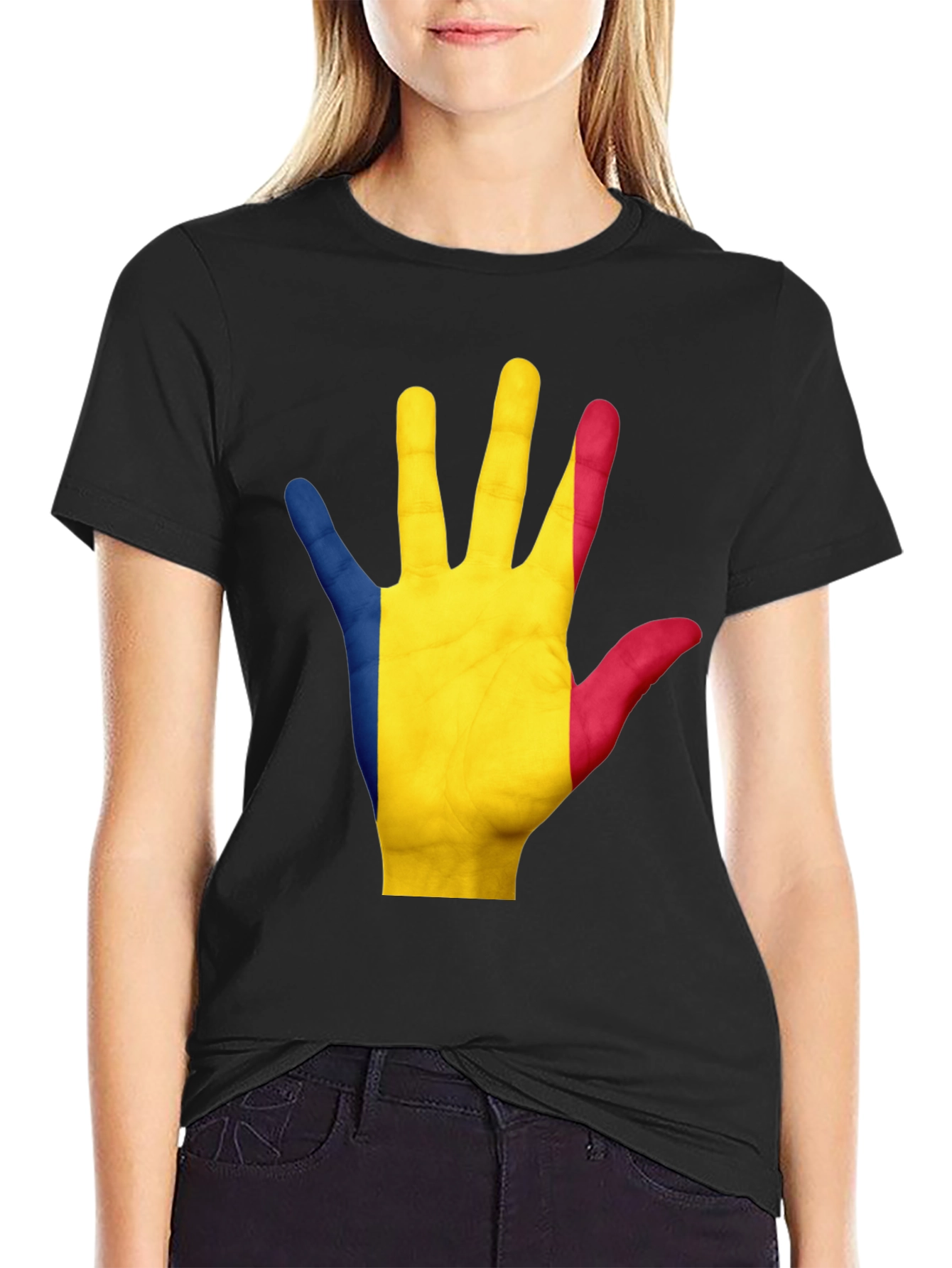 Romania Flag Hand Graphic Black Tee Shirt