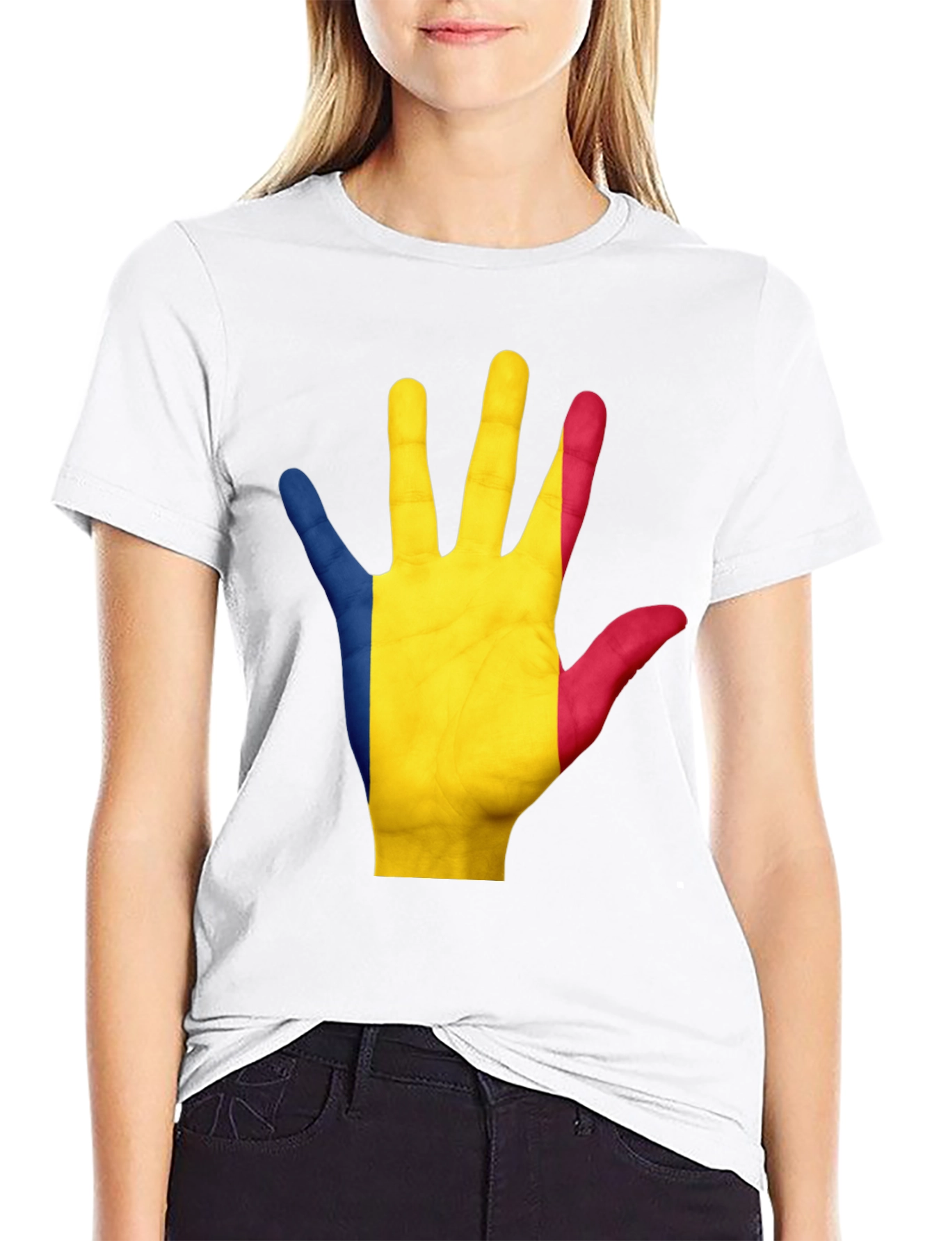 Romania Flag Hand Graphic Black Tee Shirt