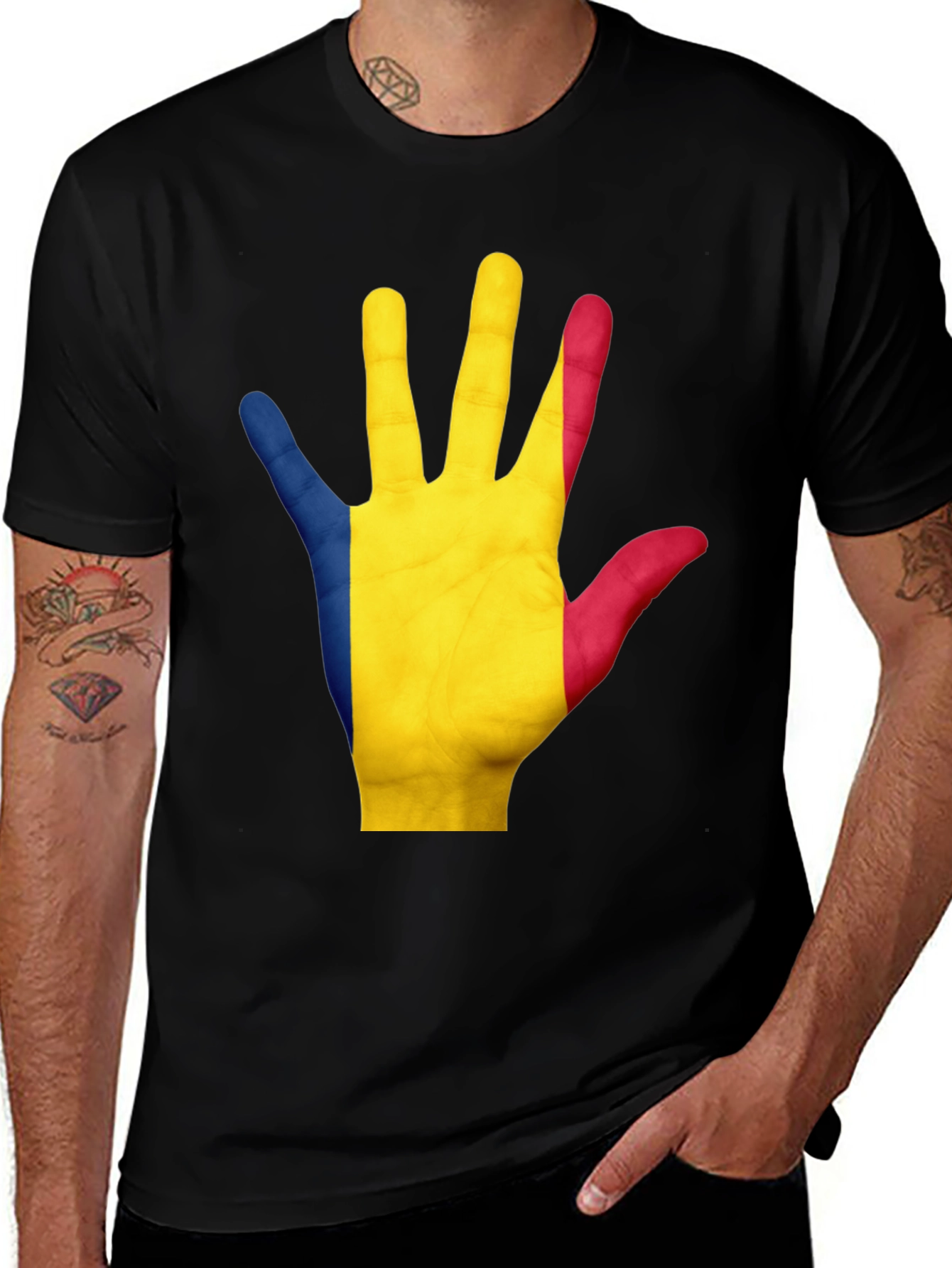 Romania Flag Hand Graphic Black Tee Shirt
