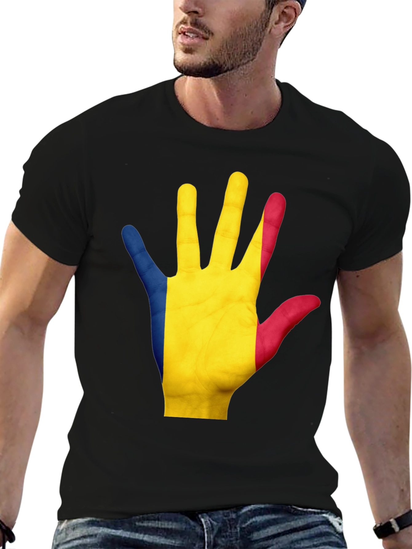 Romania Flag Hand Graphic Black Tee Shirt