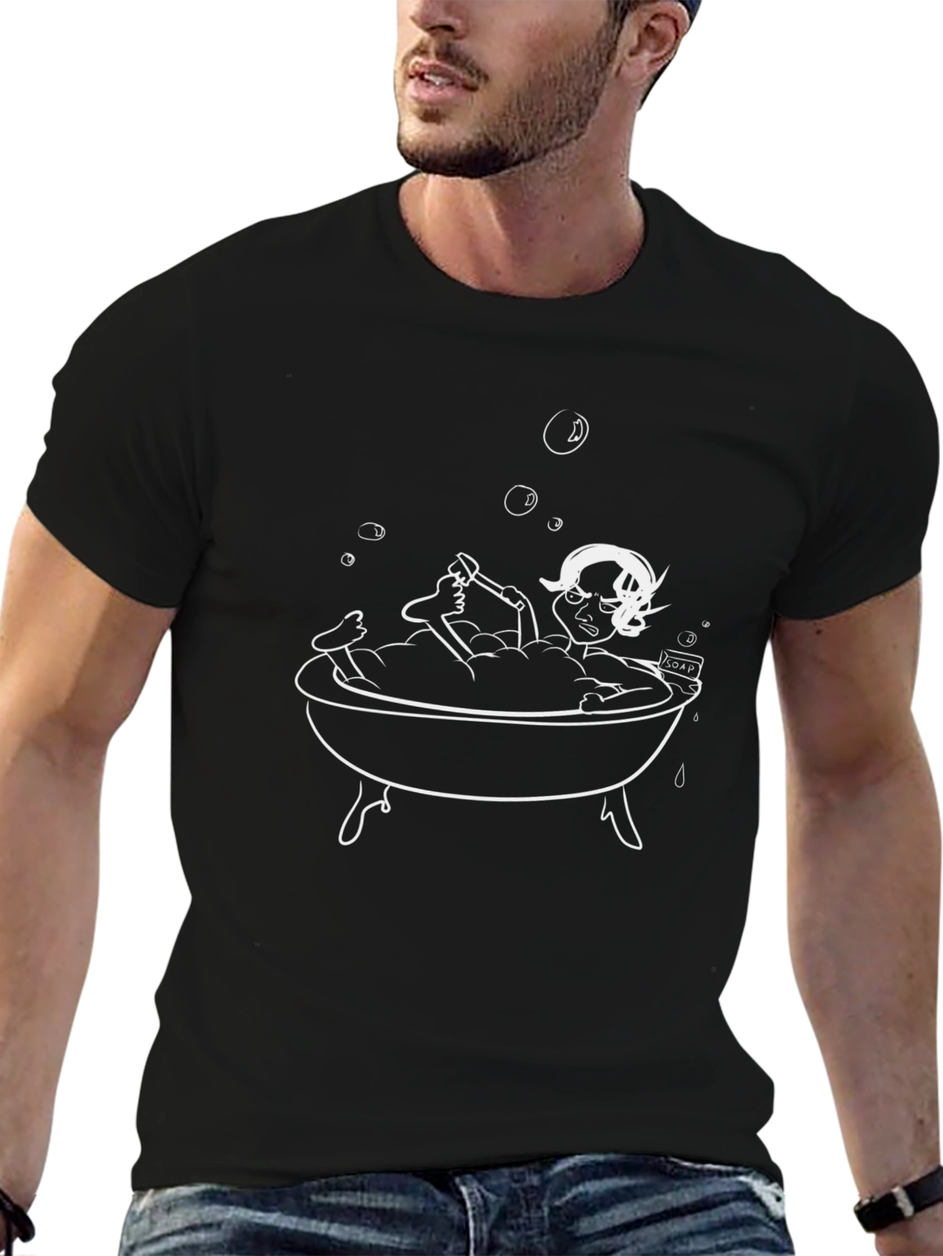 Fun Cartoon Bath Time T-Shirt - Black Cotton Blend