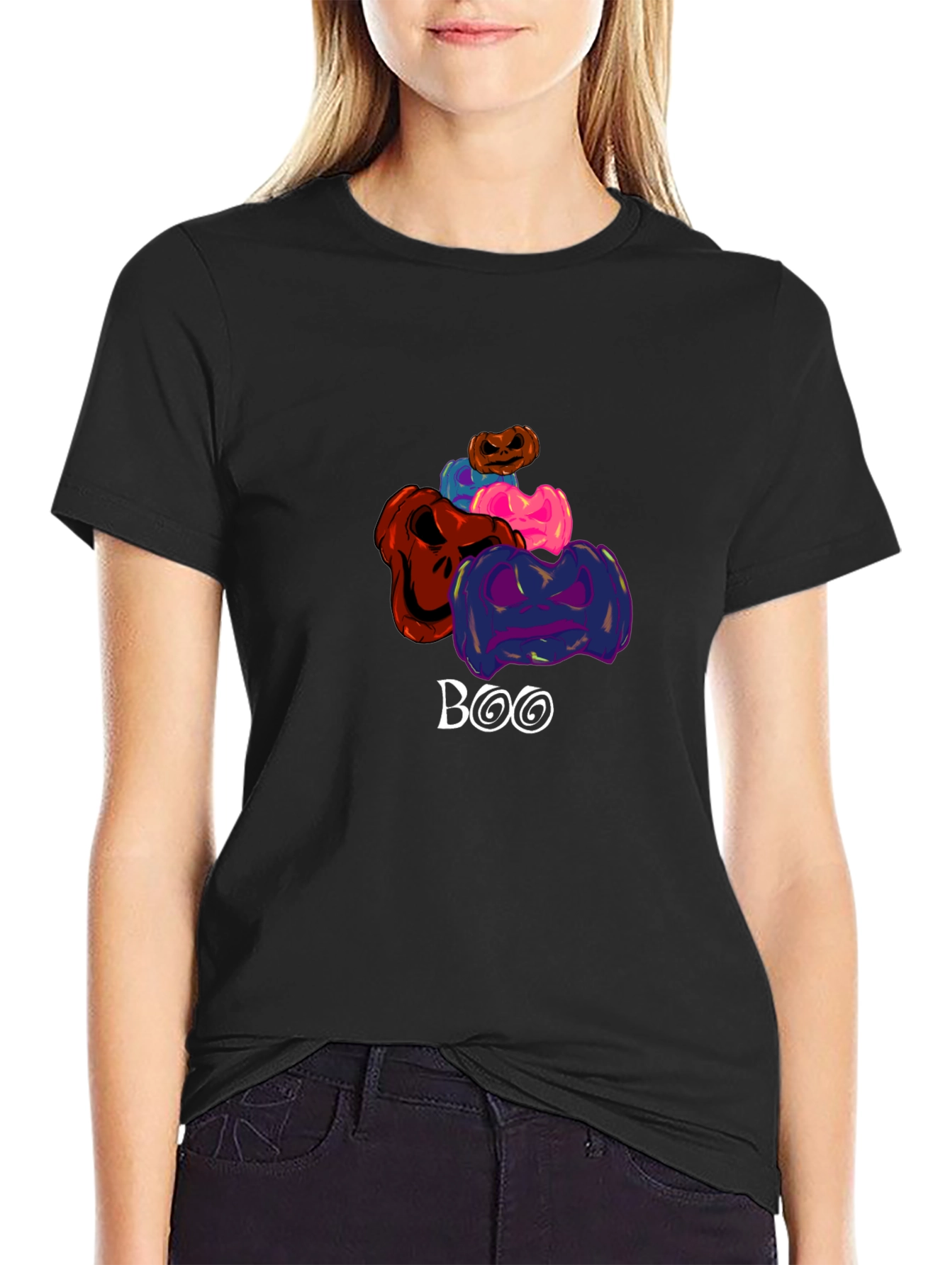 Halloween Pumpkins Boo Graphic Tee - Black